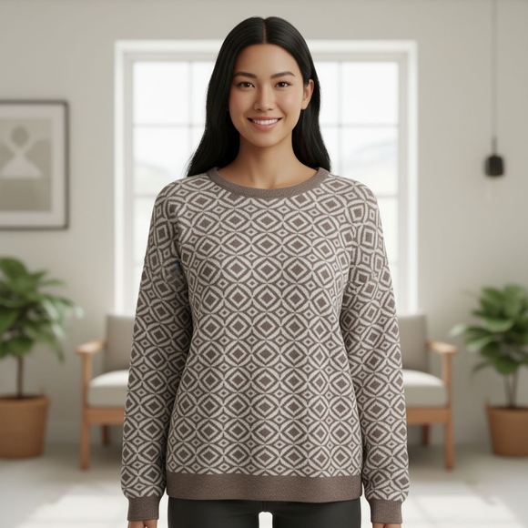 Halston Heritage Diamond Crew Neck Sweater Women’s XL White & Grey - Picture 1 of 10